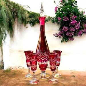1970 Vintage Cranberry Etched-Crystal Tall Decanter w/Four Matching Tall Glasses